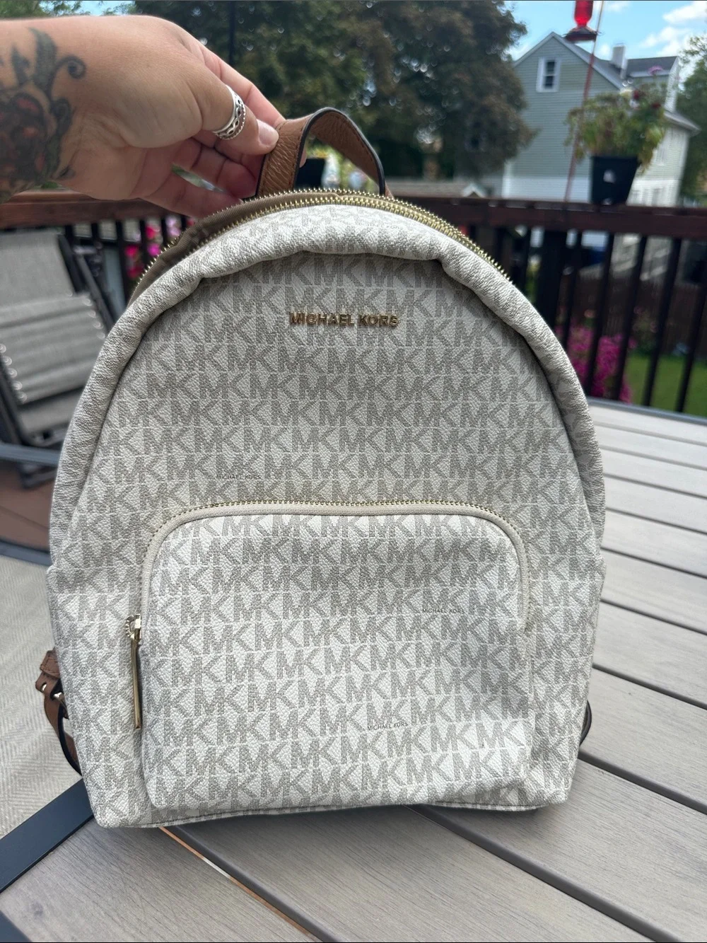Michael Kors Cream/Beige MK Logo Backpack with Brown Trim